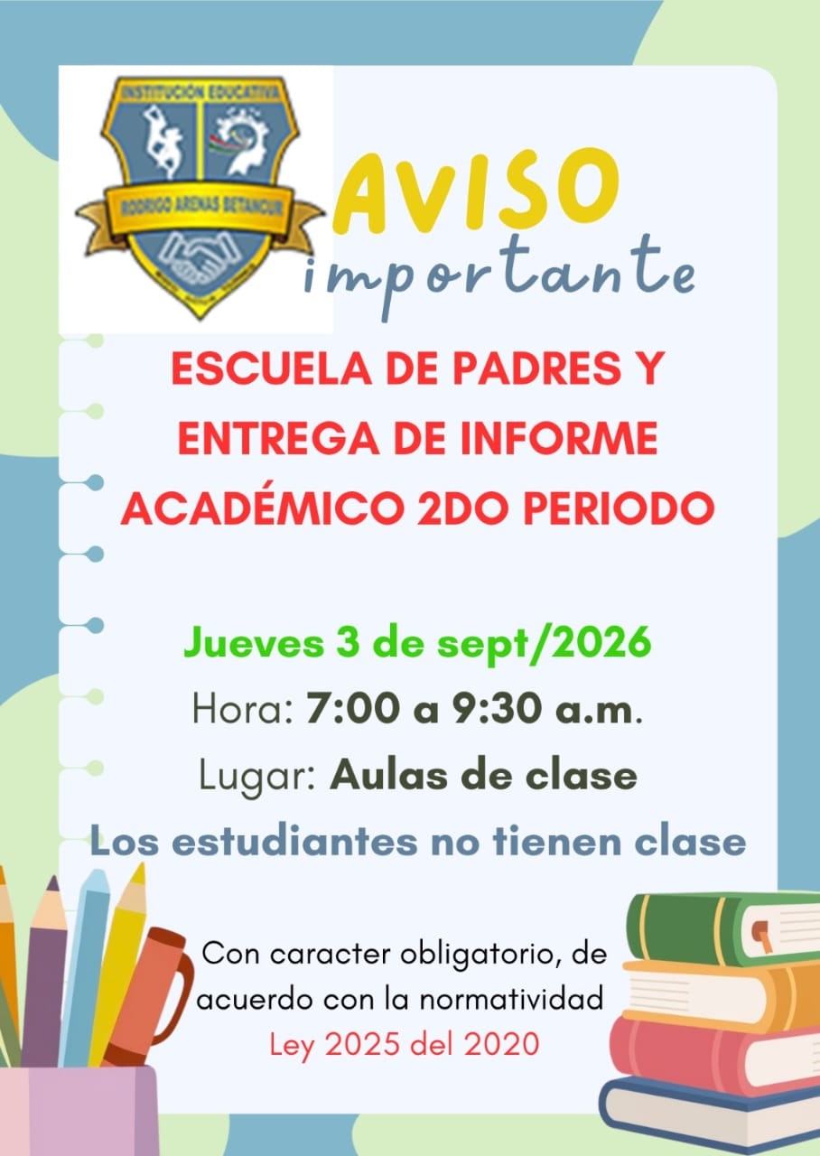 Primaria en cada aula de clase
Sexto ingresa a las 6:30 a.m. en el auditorio, deben ir padres y estudiantes (este horario y condición sólo aplica para grado sexto).
Séptimo aula 3
Octavo Biblioteca
Noveno aula 6
Décimo aula 17
Undécimo aula 18